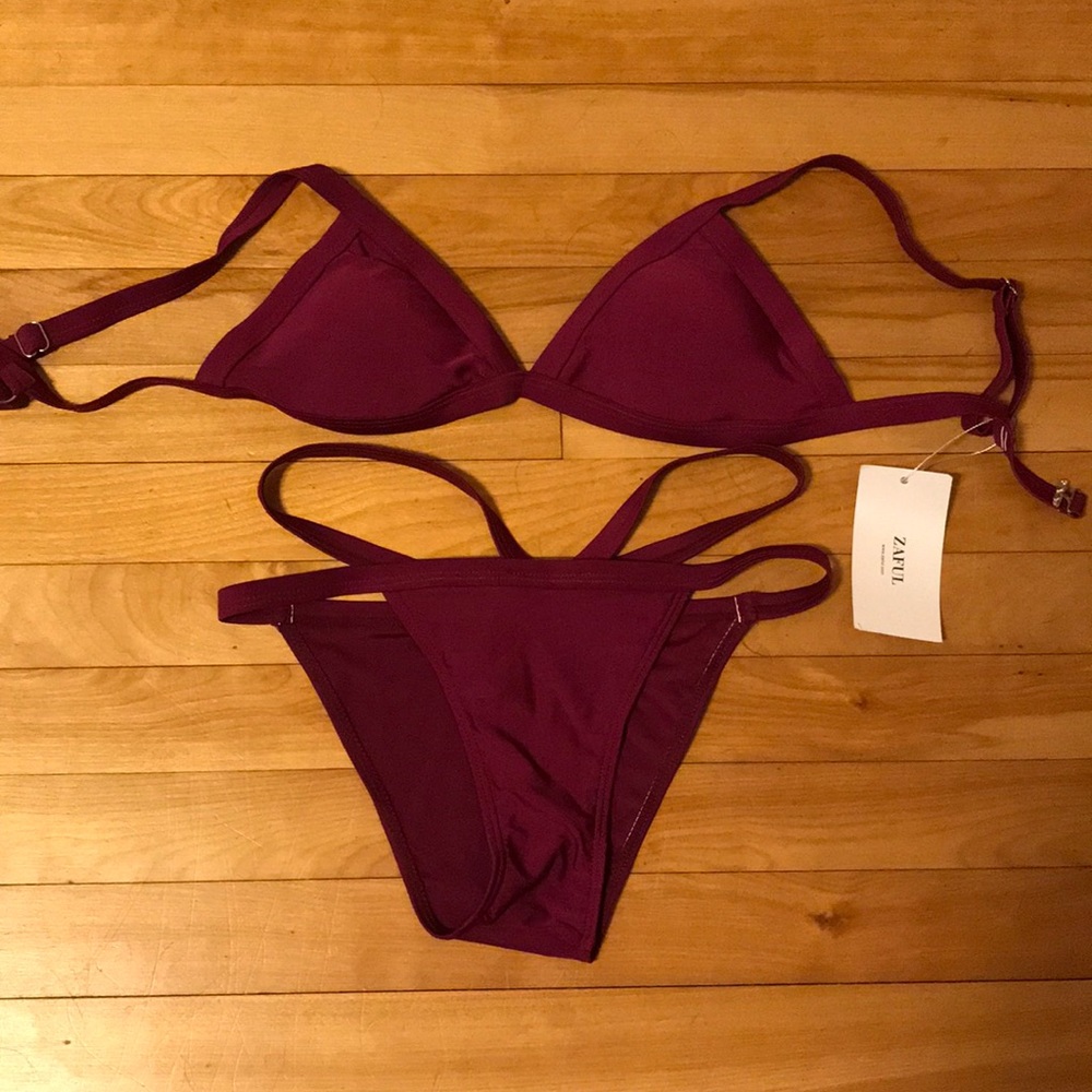 Padded V Strap Thong Bikini Set - Merlot M